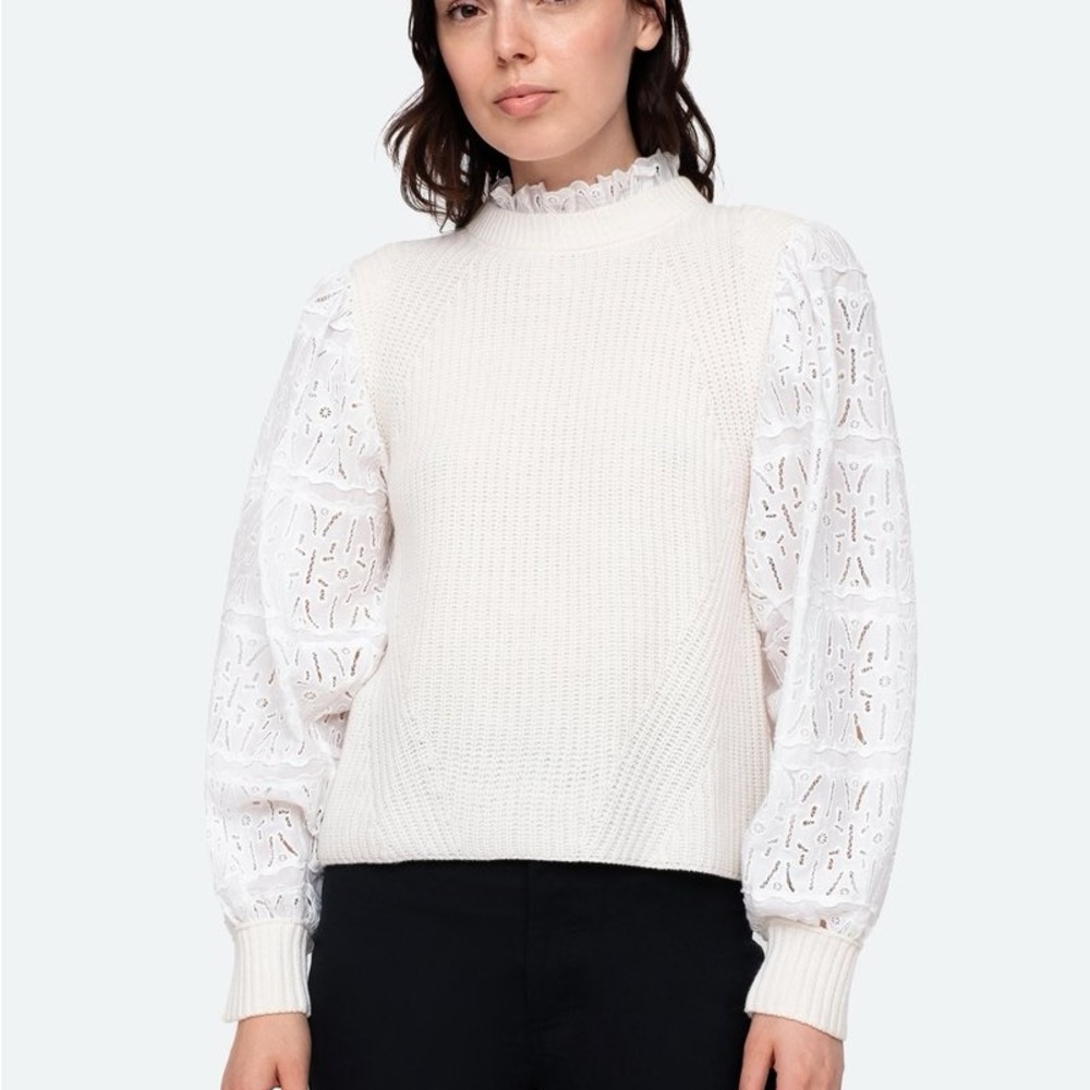 Elegant White Sweater with Lace Sleeves